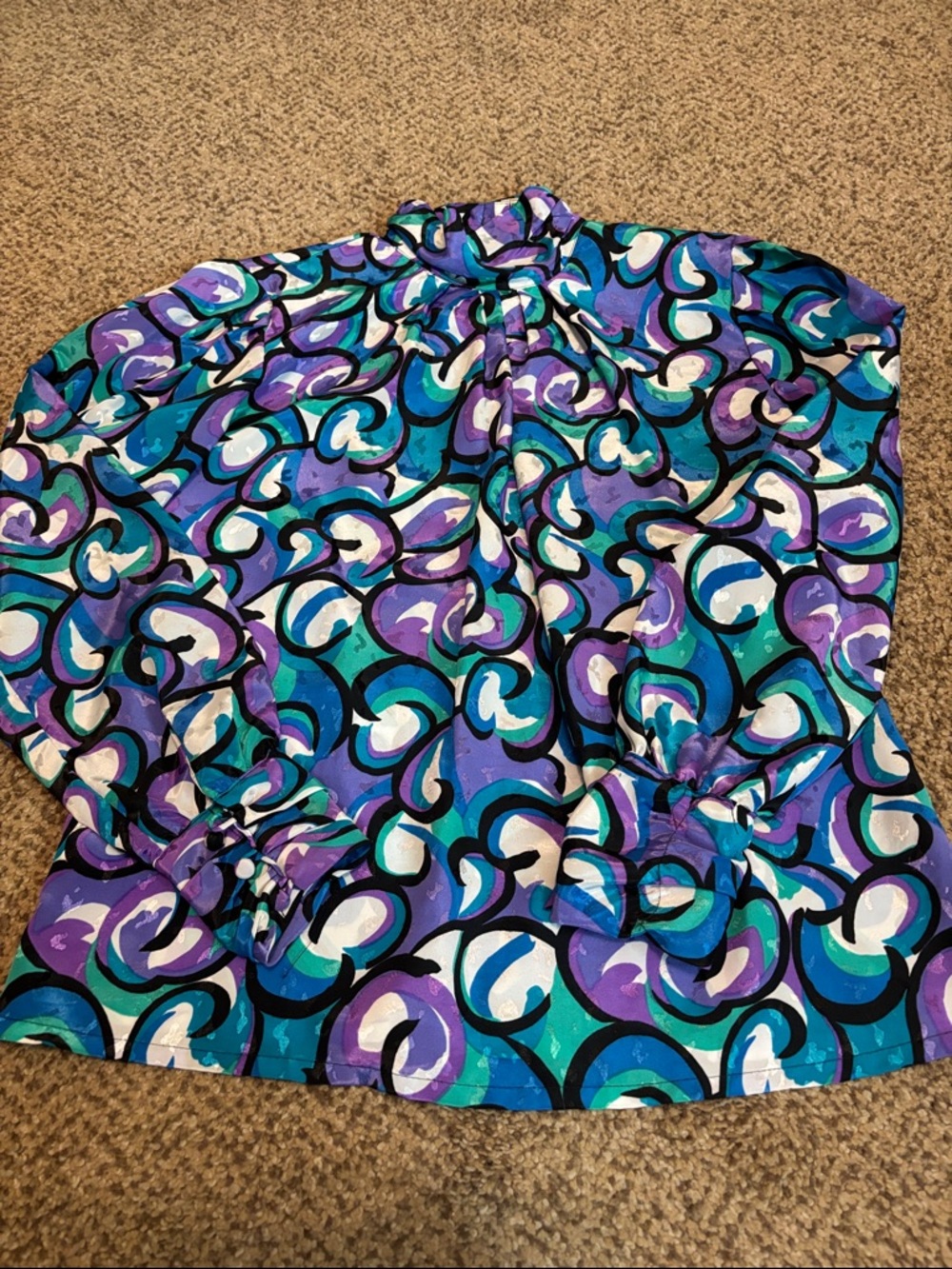 Vintage Vibrant Teal & Purple Swirl Blouse